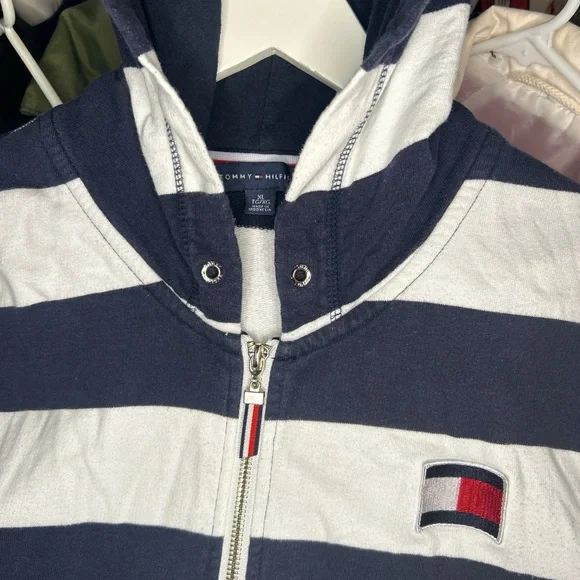 Vintage Y2K Tommy Hilfiger Navy White Striped Full Zip Hoodie XL - Picture 3 of 4